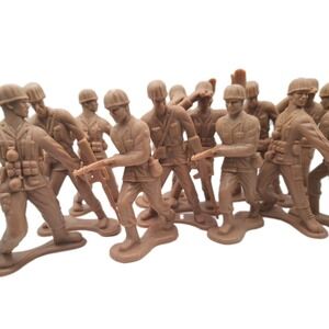 12 piece PLASTIC ARMY MEN 4" SOLDIERS BY GREENBRIER TAN/KHAKI COLOR VINTAGE